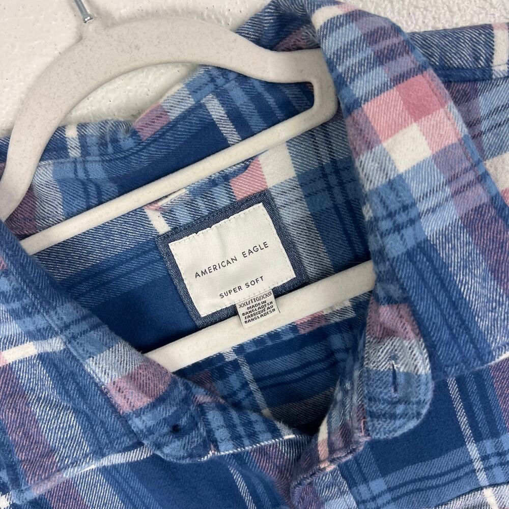 American Eagle Men's Super Soft Flannel Button Down Shirt XXL Blue Pink Plaid - Picture 6 of 7